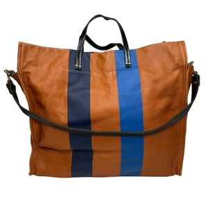 Clare V Simple Tote Tan Leather Navy Blue Striped Shoulder Bag Made in USA